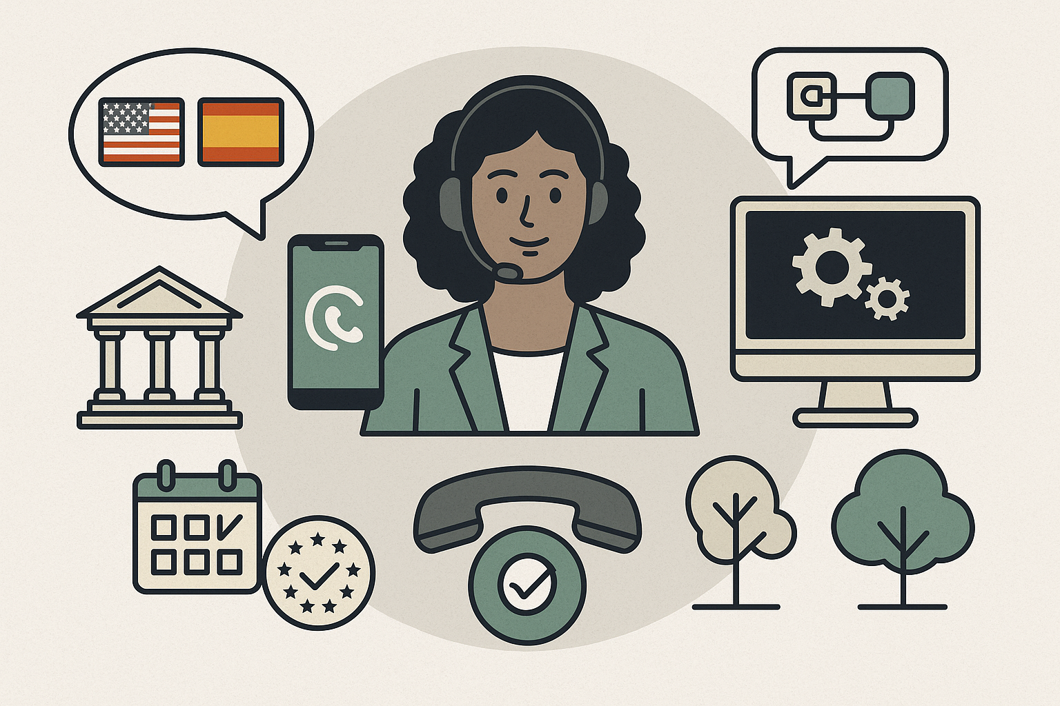 Illustration of LEX Reception features: bilingual answering, mobile app, integrations, scheduling, court support, and eco-friendly tree planting, shown with a virtual legal receptionist wearing a headset.