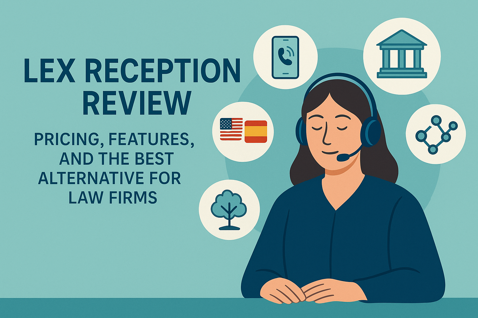 Illustration for LEX Reception review: virtual legal receptionist plus icons for bilingual support, mobile app, court, integrations.